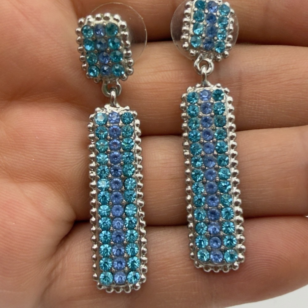 Vintage Monet Aqua Blue Rhinestone Dangle Earrings Long Pave Crystal Pierced